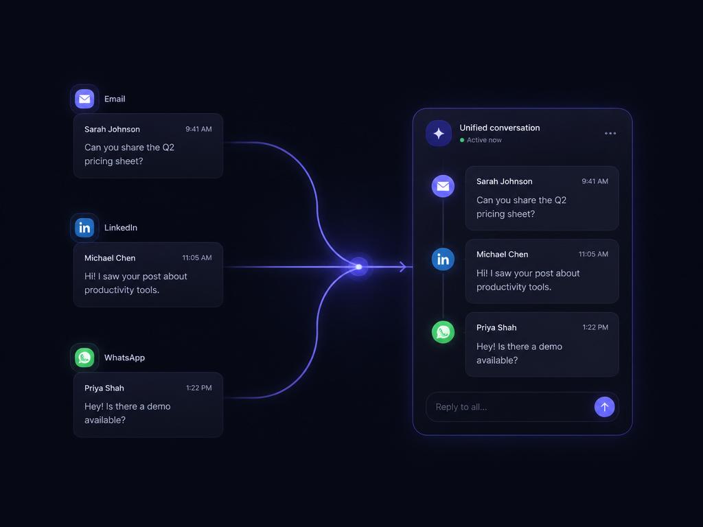 Unified inbox combining Email, LinkedIn and WhatsApp conversations