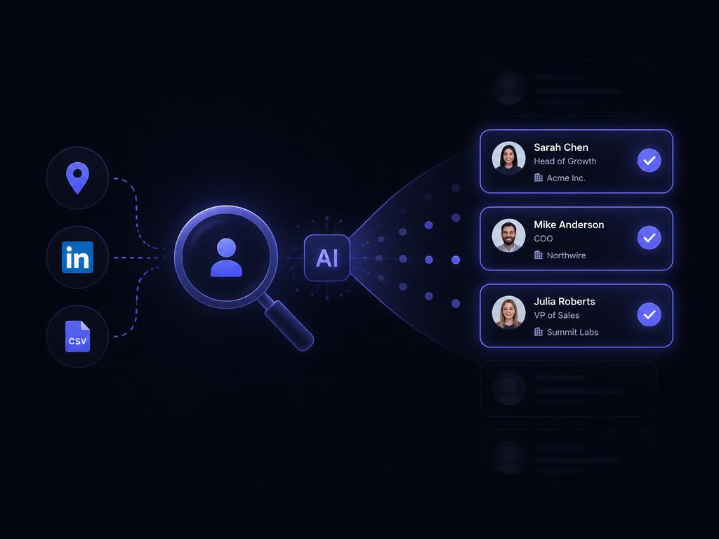 Lead finder table showing prospects sourced from Maps, LinkedIn and CSV
