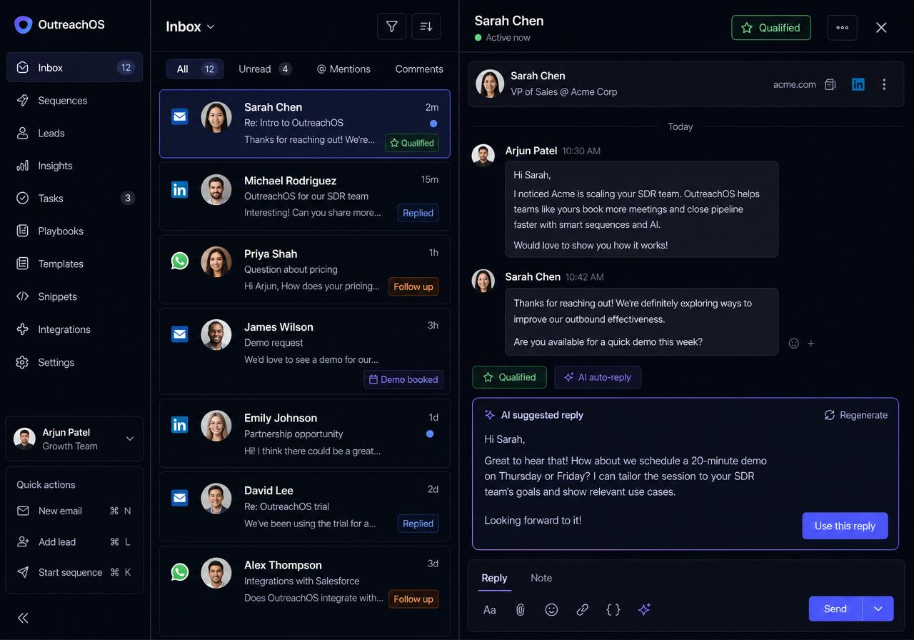 OutreachOS unified inbox showing email, LinkedIn and WhatsApp conversations with an AI-suggested reply